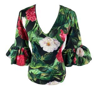 Alexia Admor Peony Flounce XXS Floral AOP V-Neck Blouse Art‎ to Wear 3/4 Sleeve
